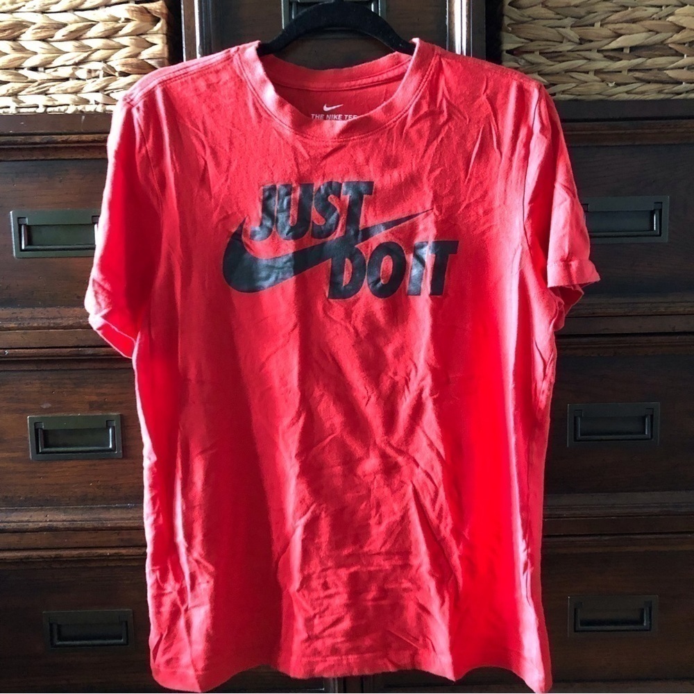 Nike Red and black short sleeve graphic spell out tee in size M The Nike Tee
